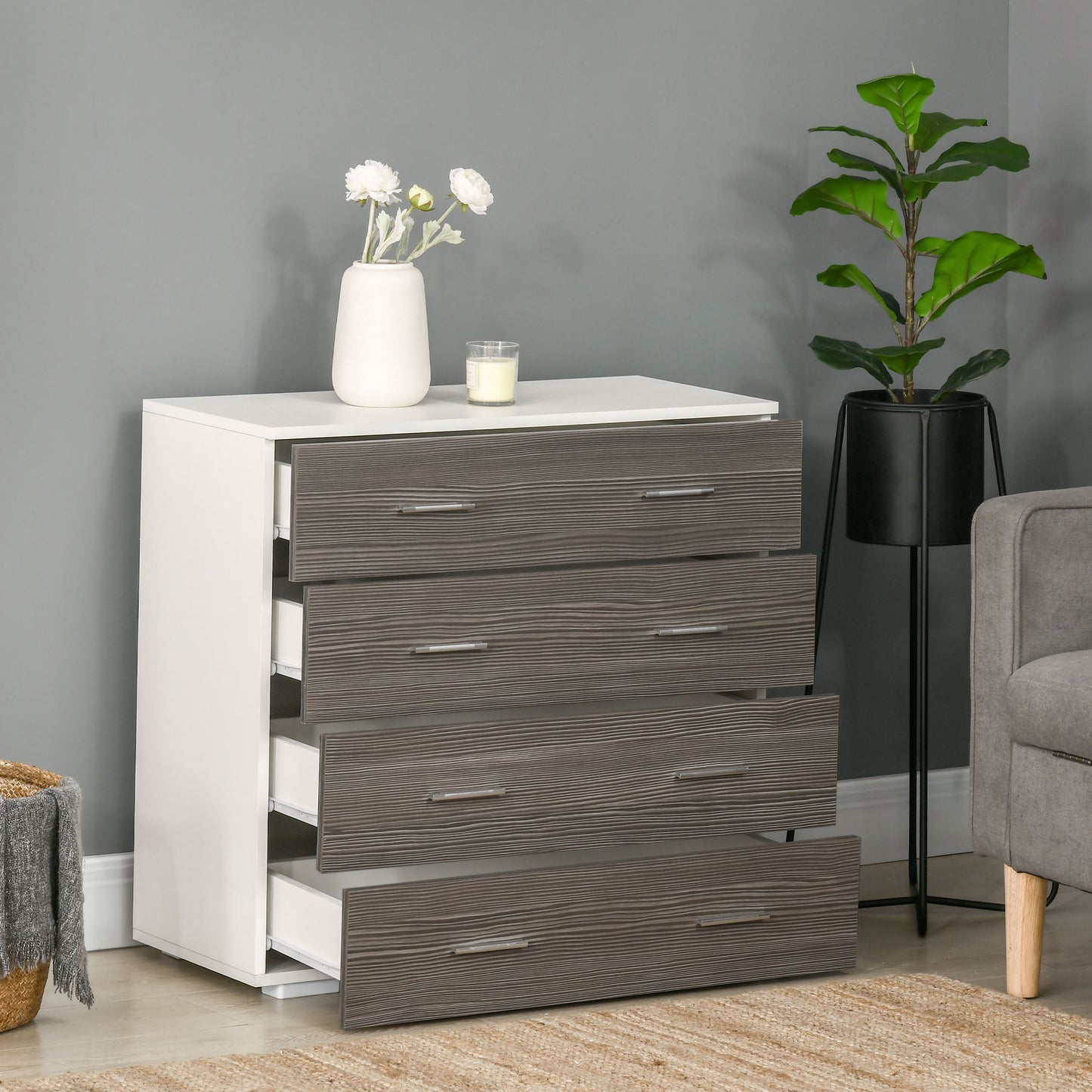 HOMCOM Chest of Drawers, 4 Drawer Dresser, Storage Organizer Unit for Bedroom, Living Room, Grey