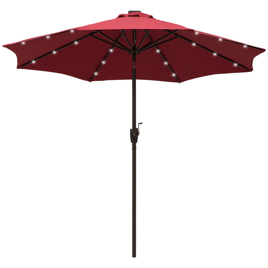 Outsunny √é¬¶2.7m Garden 24 LED Light Parasol Solar Outdoor Tilt Sun Umbrella Patio Club Party Event Manual Sun Shade w/ Hand Crank and 8 Ribs, Red