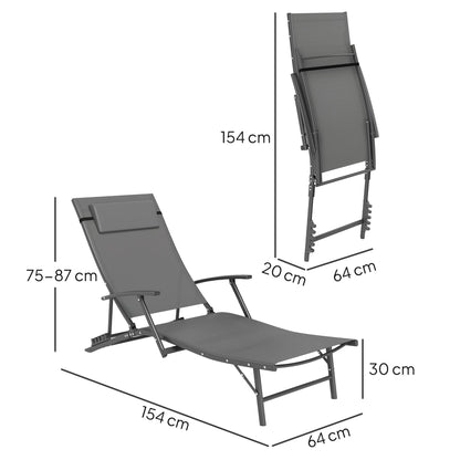 Outsunny Set of 2 Folding Sun Loungers for Garden, 4 Positions Adjustable Outdoor Chaise Lounge Chairs with Armrests, Pillows, Steel Frame, Sunbed Recliners for Patio, Beach and Poolside, Grey