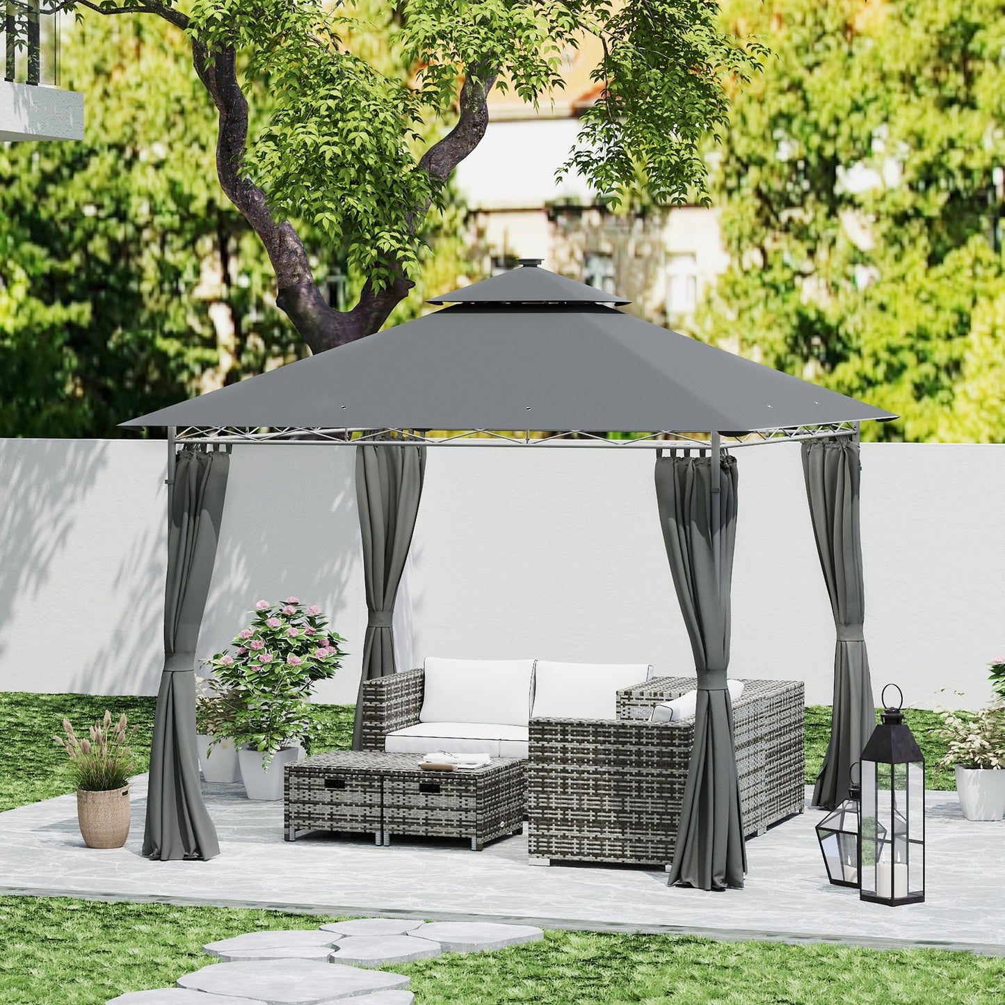 Outsunny 3 x 3 m Garden Gazebo, Double Roof Metal Gazebo with Curtains and Solar-Powered LED Lights, Outdoor Gazebo Canopy Shelter for Patio, Deck, Dark Grey