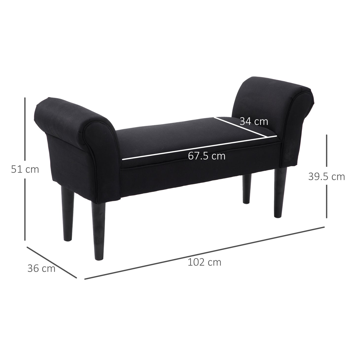 HOMCOM Small-sized Bed End Side Chaise Lounge Sofa Window Seat Arm Bench Wooden Leg Fabric Cover (Black)