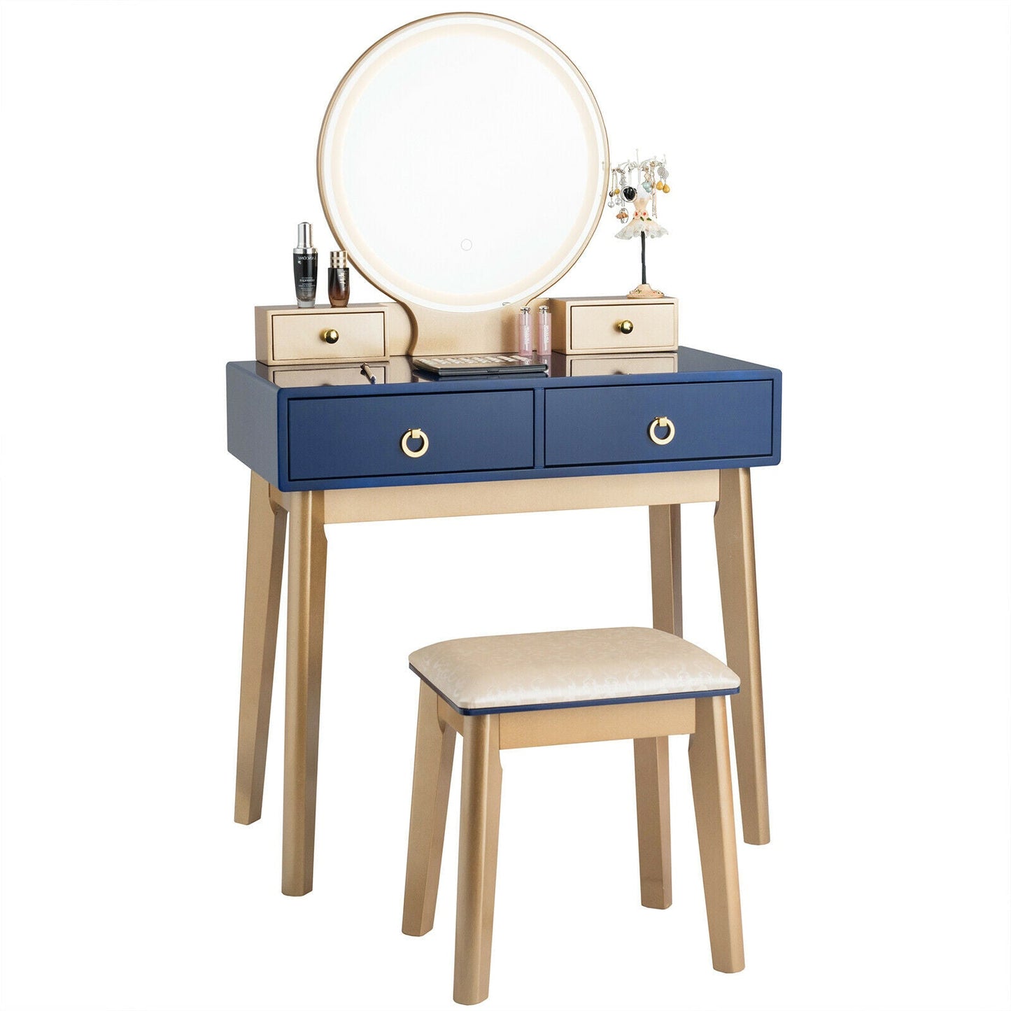 Modern Dressing Table with LED Mirror &amp; Cushioned Stool-Blue