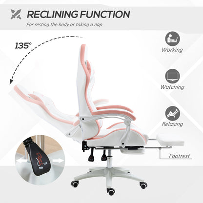 Vinsetto Computer Gaming Chair, PU Leather Desk Chair with Footrest, Swivel Task Chair with 135√Ç¬∞ Reclining Back and Lumbar Support, PC Chair for Adults, White and Pink