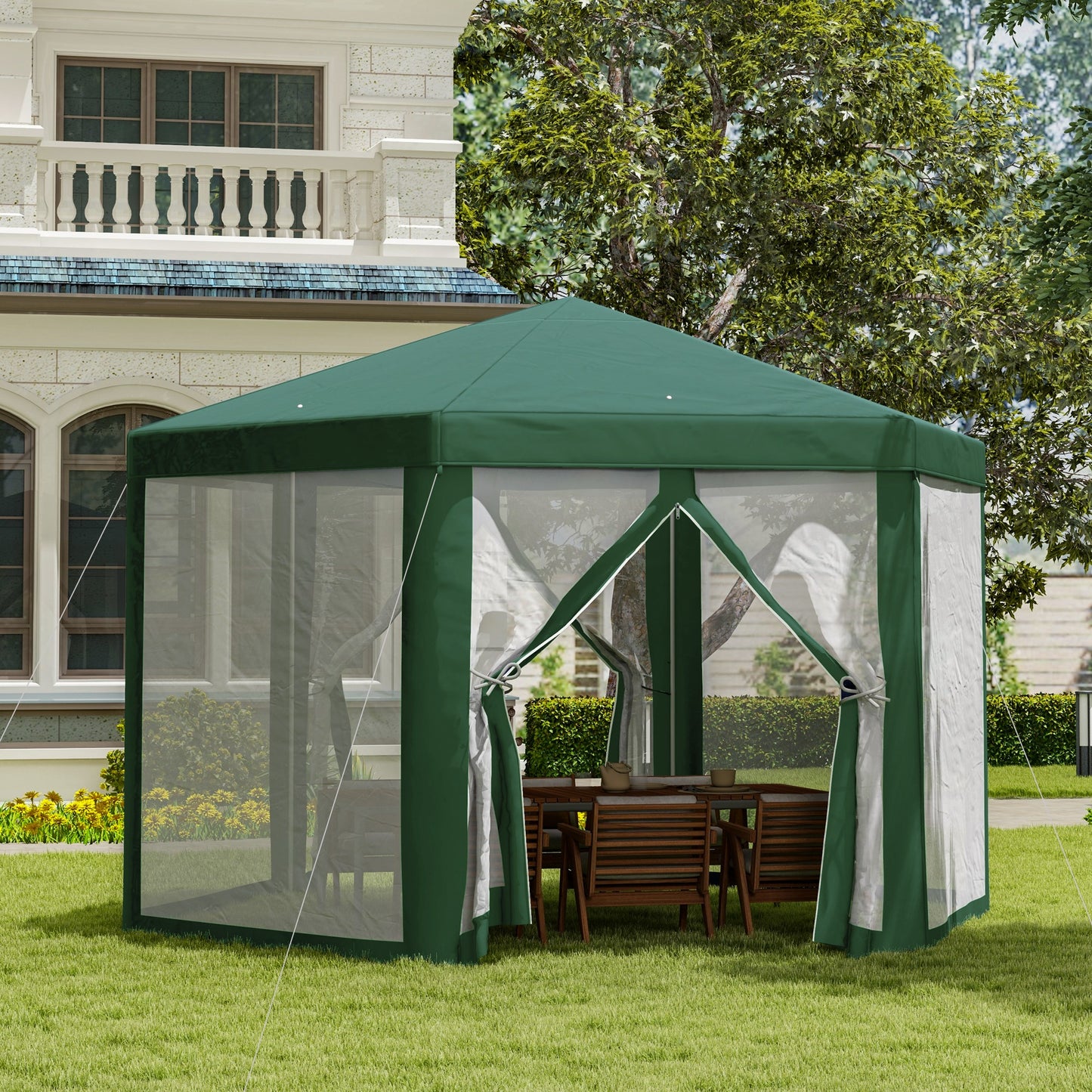 Outsunny 4M Hexagon Gazebo, Netting Party Tent Patio Canopy Outdoor Event Shelter for Activities, Shade Resistant, Green