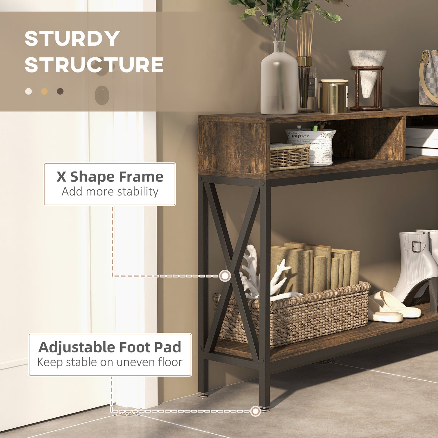 HOMCOM Console Table, Entryway Table with 3 Compartments, Metal Frame, Adjustable Feet for Living Room, Hallway, Rustic Brown