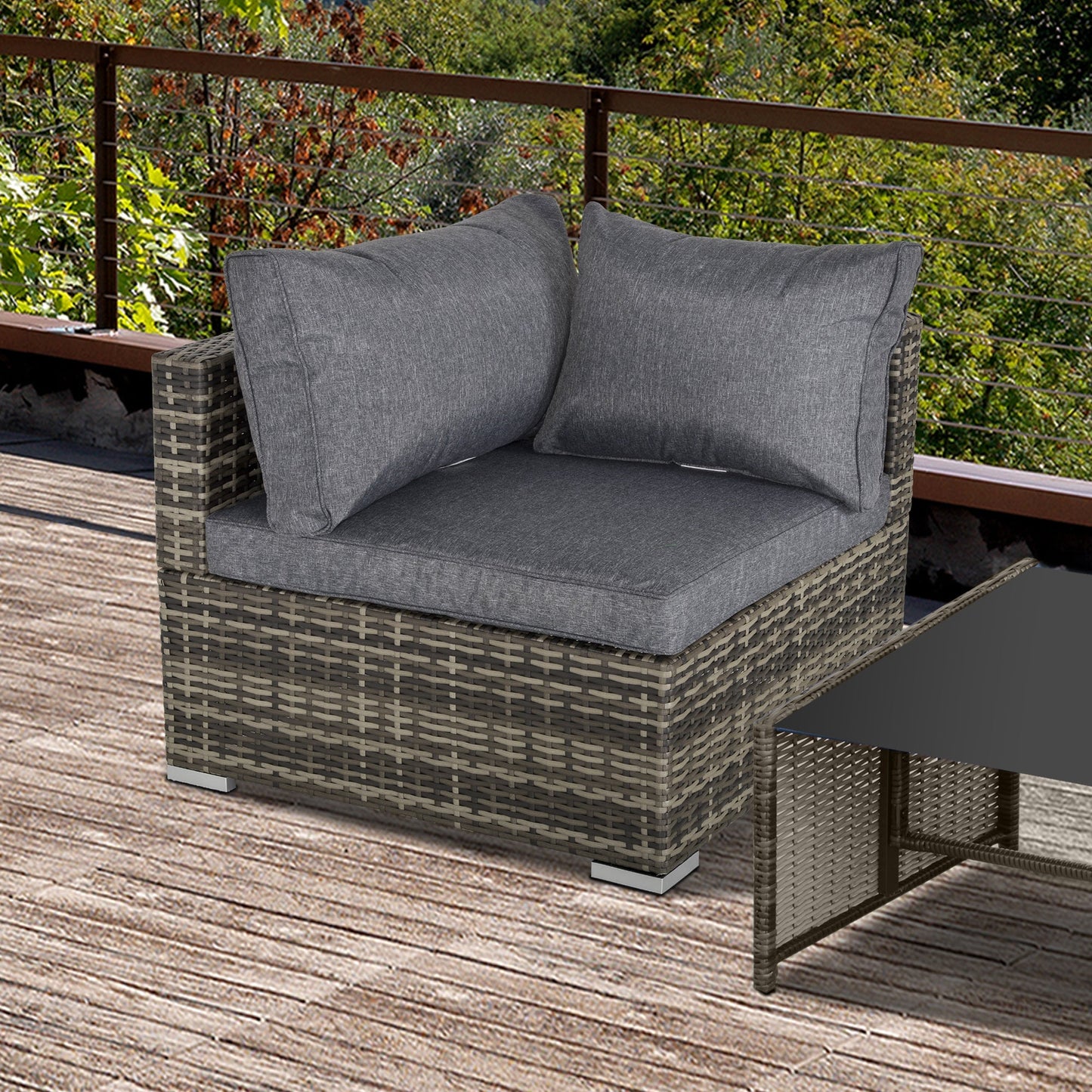 Outsunny Outdoor PE Rattan Corner Sofa, Garden Wicker Furniture Single Sofa Chair w/ Cushions, Deep Grey