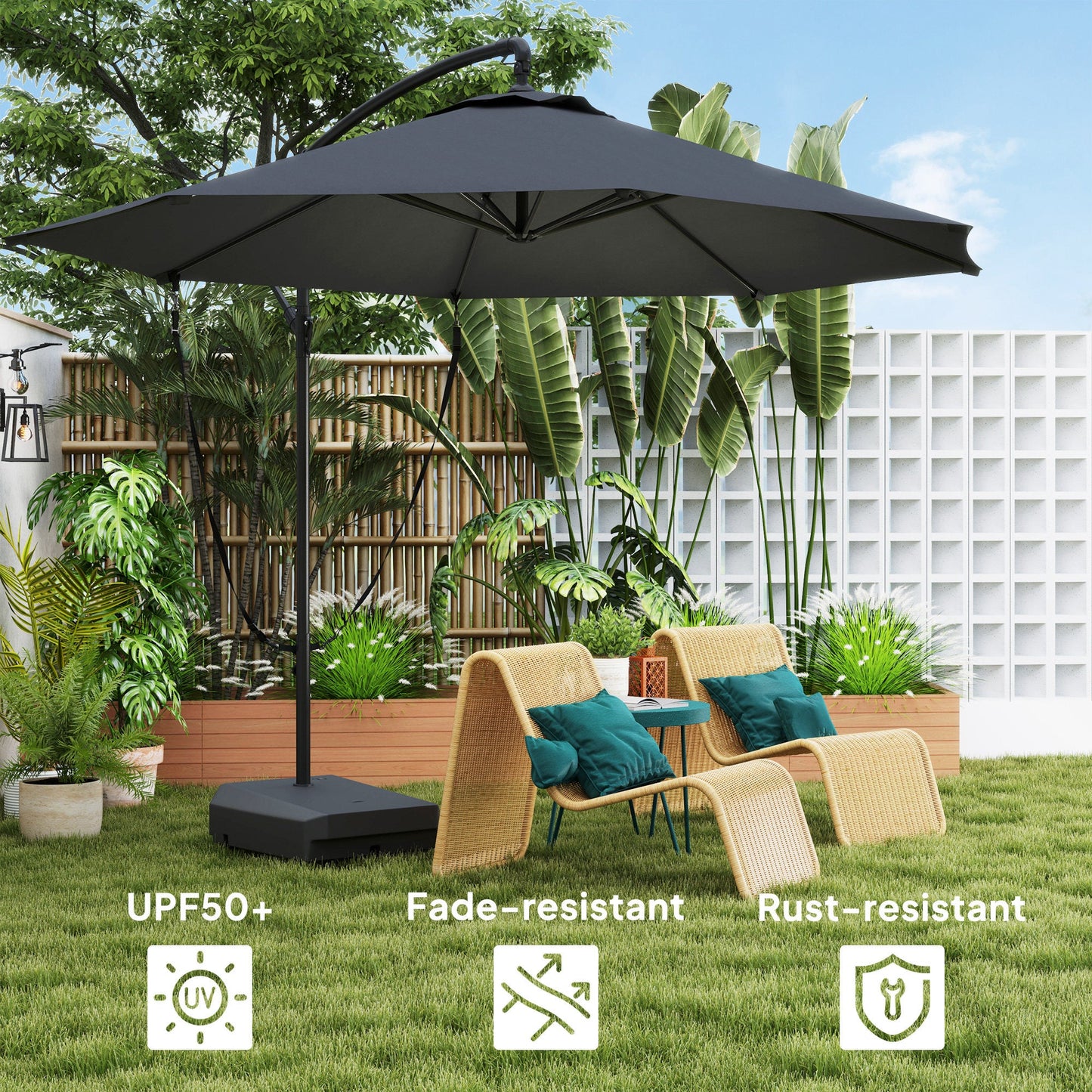 Outsunny 3(m) Garden Cantilever Parasol with Fillable Base, Wind Protection Strap, Cover, Round Banana Hanging Umbrella with Crank Handle and Tilt, Patio Umbrella for Outdoor Sun Shade, UPF50+, Grey