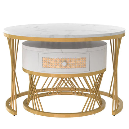 2-in-1 Marble Coffee Table Set with Marble Grain Veneer Top, Rattan Drawers, and Solid Wood Handles, Gold Iron Legs, 70x70x45.5 cm + 50x50x38.5 cm, White+Gold