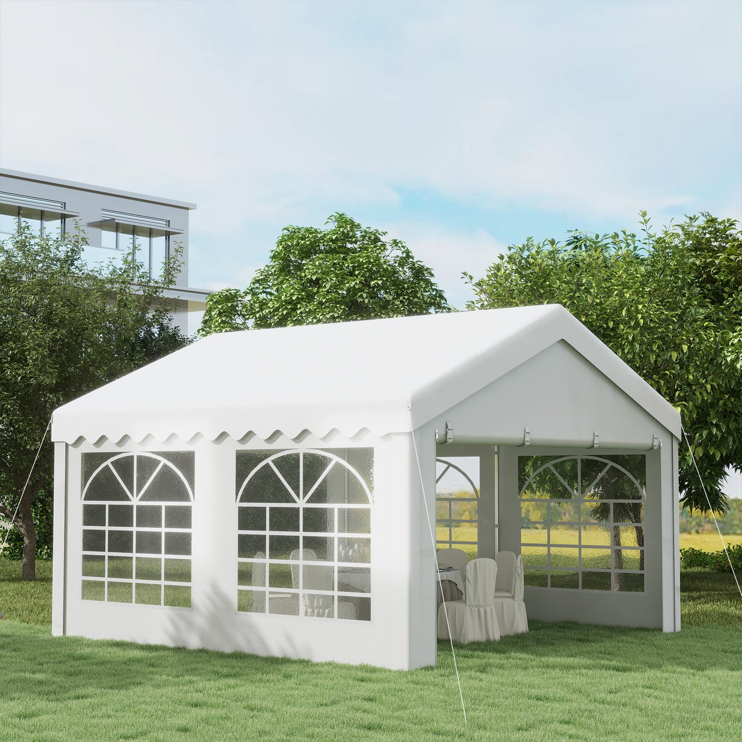 Outsunny 4m x 4m Garden Gazebo Carport Shelter w/ Removable Sidewalls & Doors Party Tent Shelter Car Canopy, White