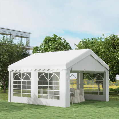 Outsunny 4m x 4m Garden Gazebo Carport Shelter w/ Removable Sidewalls & Doors Party Tent Shelter Car Canopy, White