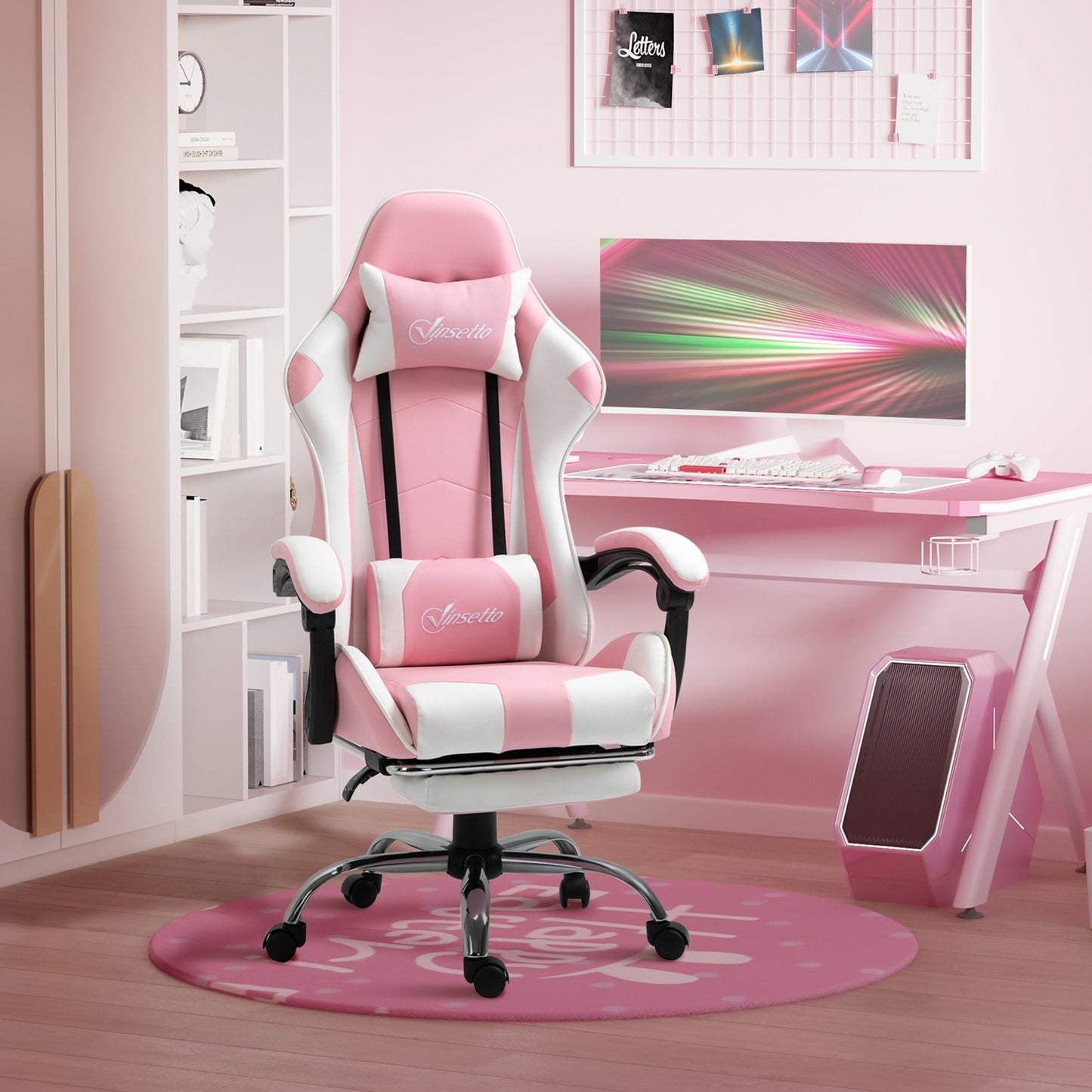 Vinsetto Pink Computer Gaming Chair, Desk Chair with 135√Ç¬∞ Reclining Back and Retractable Footrest, Adjustable PU Leather Lumbar Support and Headrest, Steel Base for Adults, Girls