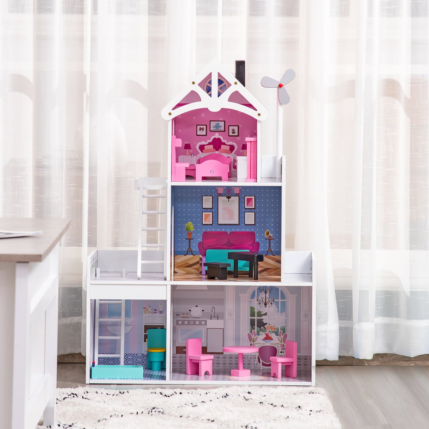 HOMCOM Kids Wooden Dolls house with Furniture Accessories 3 Storey Dollhouse for Toddler Girls 3-6 Years Pink