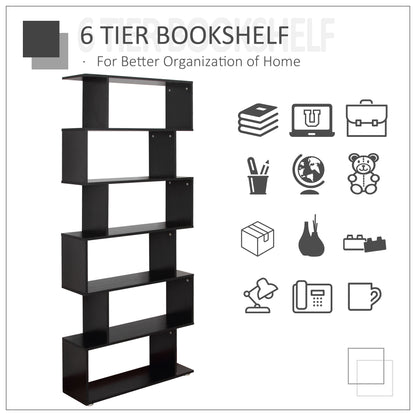 HOMCOM S Shape Wooden 6-tier Bookshelf Open Concept Bookcase Storage Display Unit for Home Office Living Room, Black