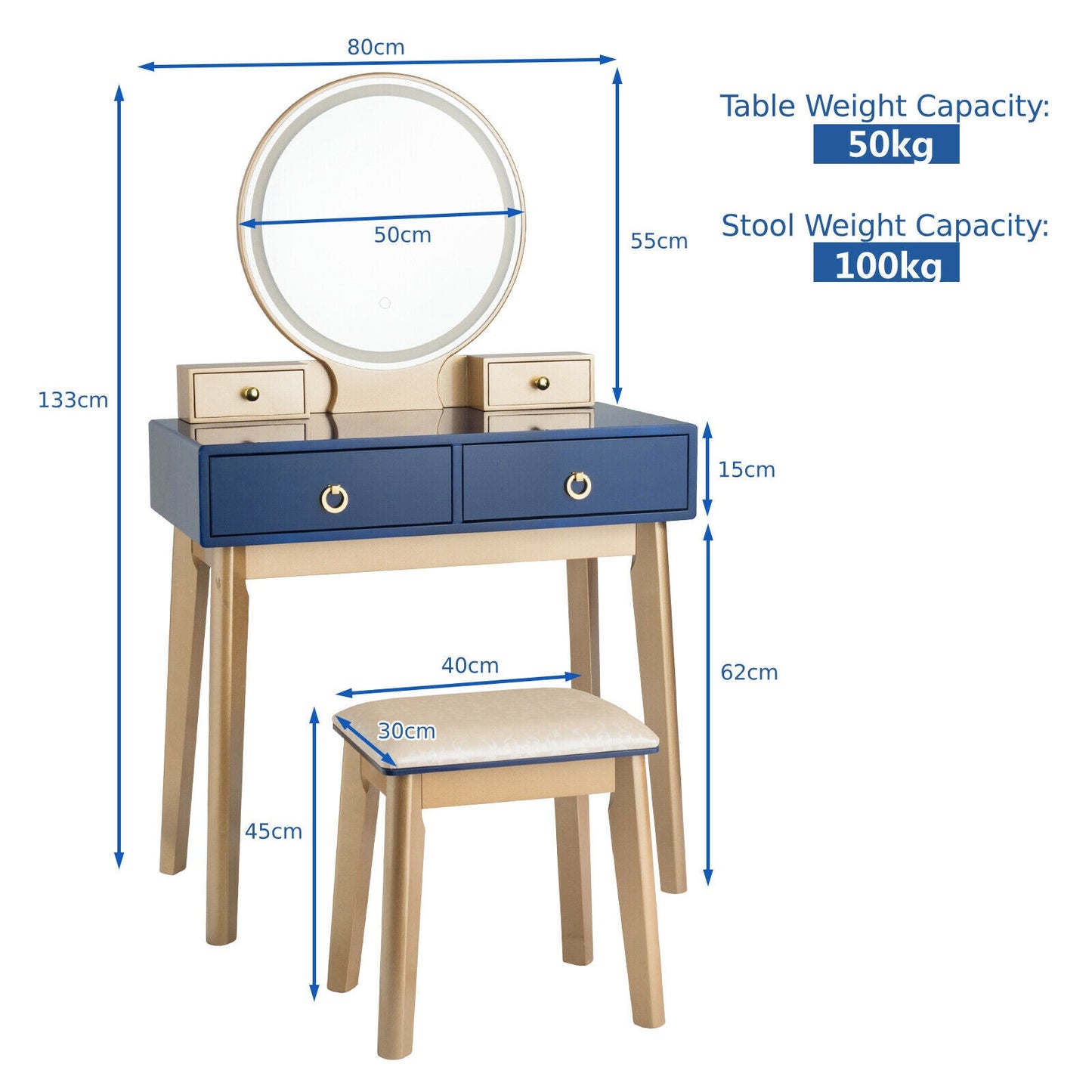 Modern Dressing Table with LED Mirror &amp; Cushioned Stool-Blue