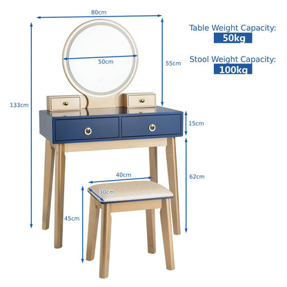 Modern Dressing Table with LED Mirror &amp; Cushioned Stool-Blue