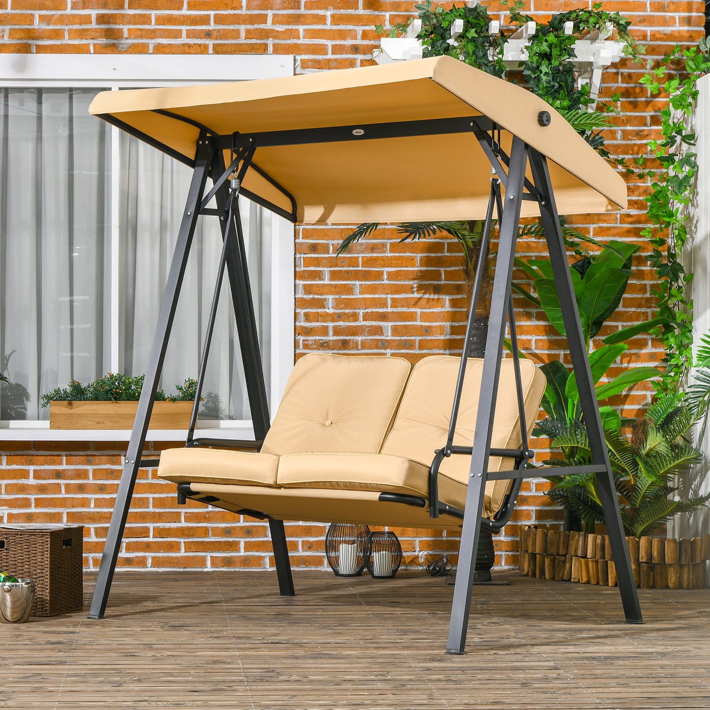 Outsunny 2 Seater Garden Swing Chair with Adjustable Tilting Canopy, Outdoor Hammock Bench with Steel Frame for Patio, Beige