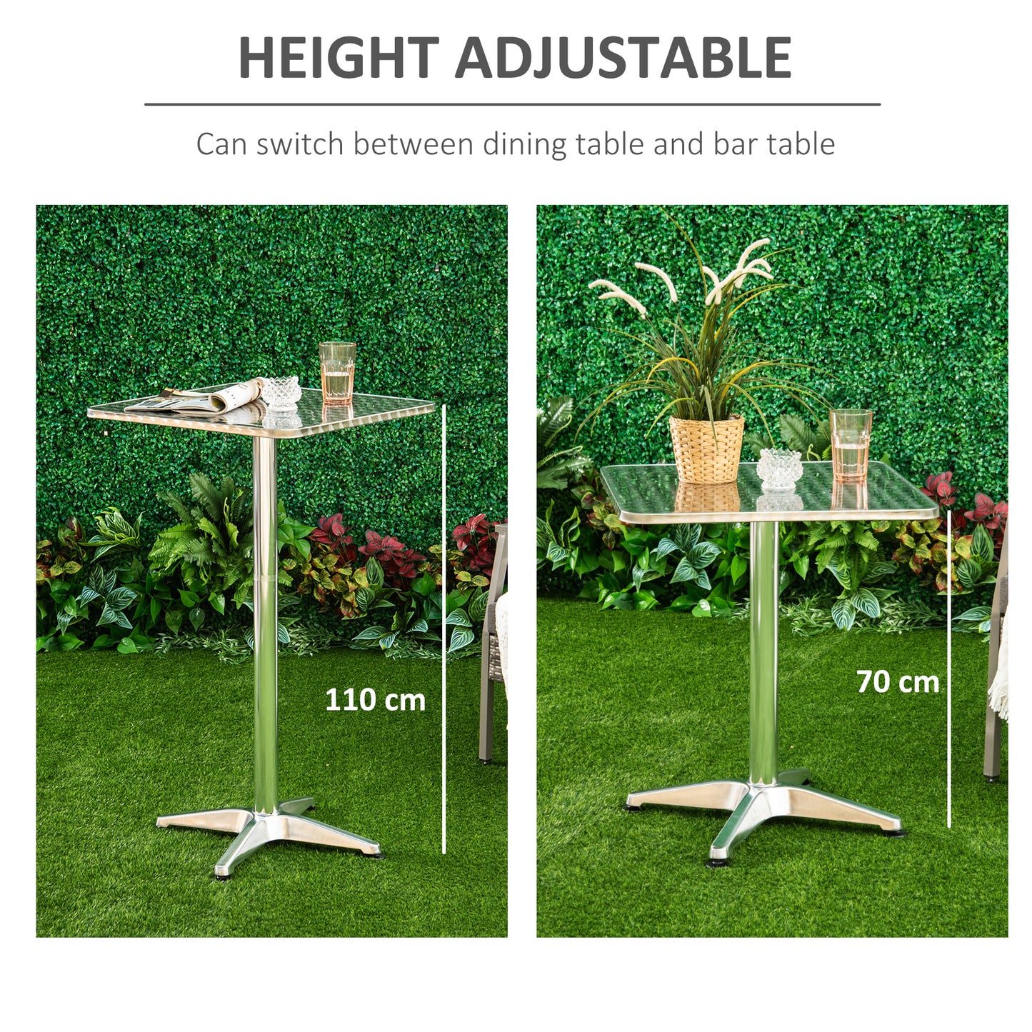 HOMCOM Height Adjustable Bistro Table Pub Bar Square Table Stainless Steel Top Aluminium Edge 60 x 60cm