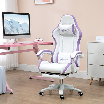 Vinsetto Computer Gaming Chair, PU Leather Desk Chair with Footrest, Swivel Task Chair with 135√Ç¬∞ Reclining Back and Lumbar Support, PC Chair for Adults, White and Purple