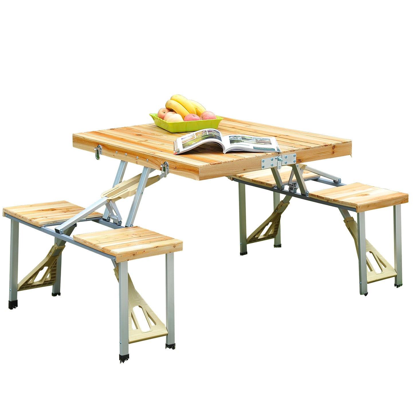 Outsunny Cunninghamia Board Portable Picnic Table Bench Set Natural Wood Color