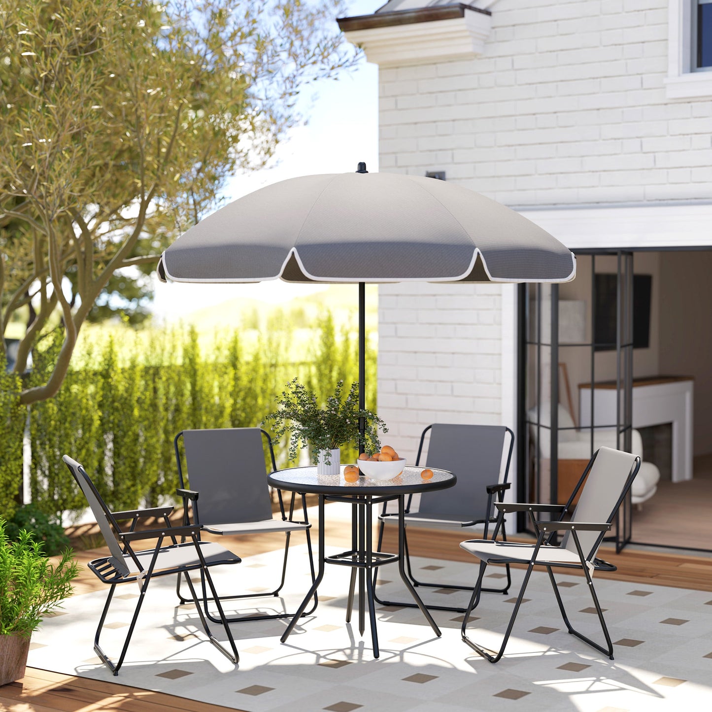 Outsunny 4 Seater Garden Furniture Set, 6 Pieces Garden Table and Chairs with Parasol, Outdoor Garden Dining Set with Folding Chairs and Round Glass Top Table for Patio, Grey