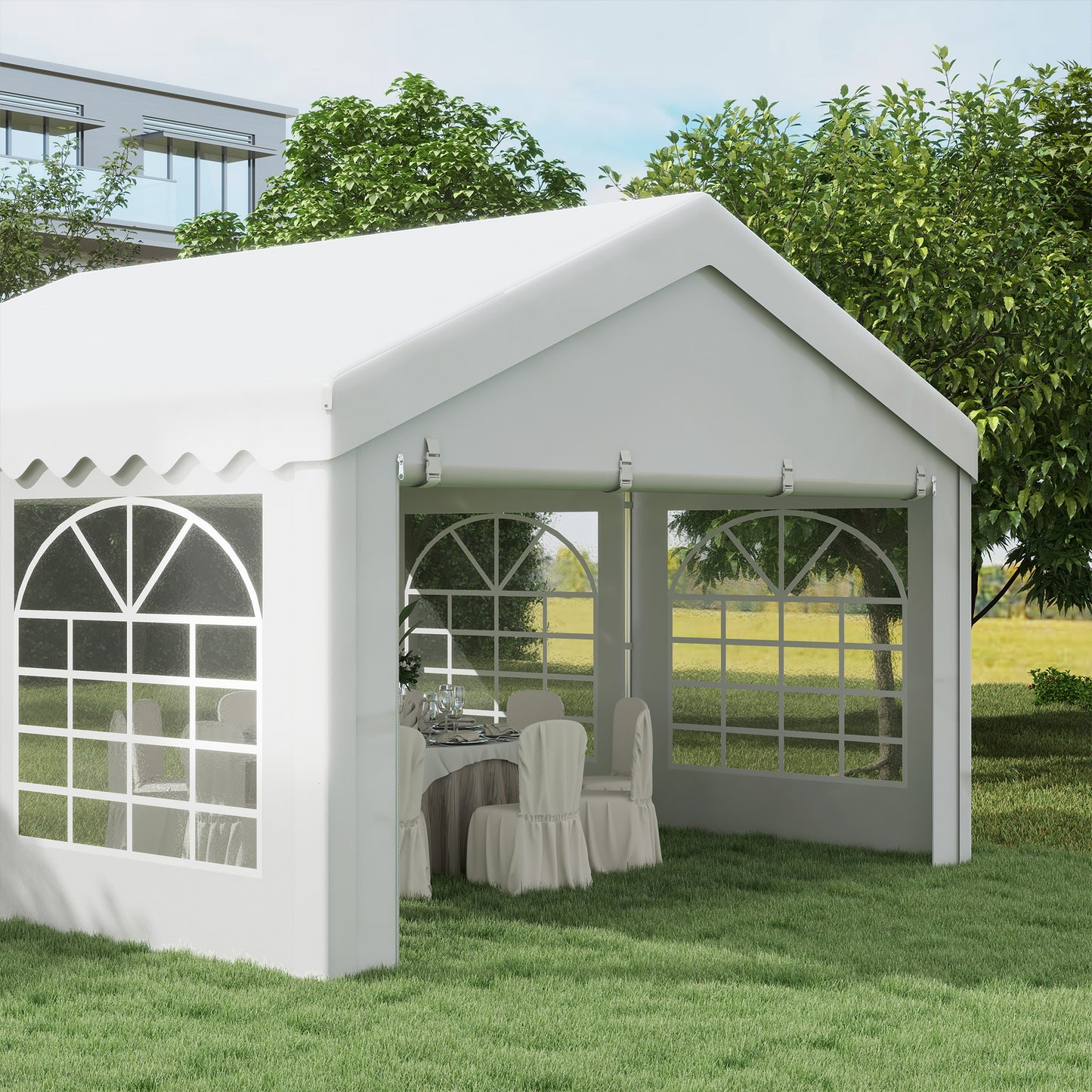 Outsunny 4m x 4m Garden Gazebo Carport Shelter w/ Removable Sidewalls & Doors Party Tent Shelter Car Canopy, White