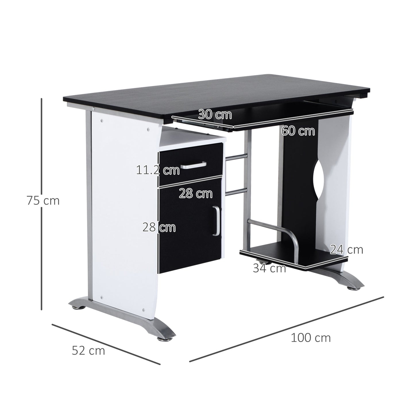 HOMCOM Computer Desk with Sliding Keyboard Tray, Storage Drawers and Host Box Shelf, Home Office Desk, Study Workstation, 100 x 52 x 75cm, Black