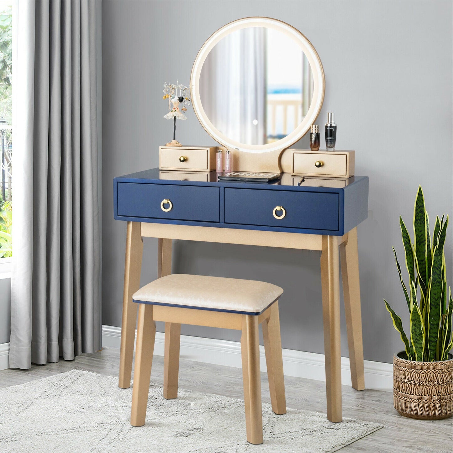 Modern Dressing Table with LED Mirror &amp; Cushioned Stool-Blue