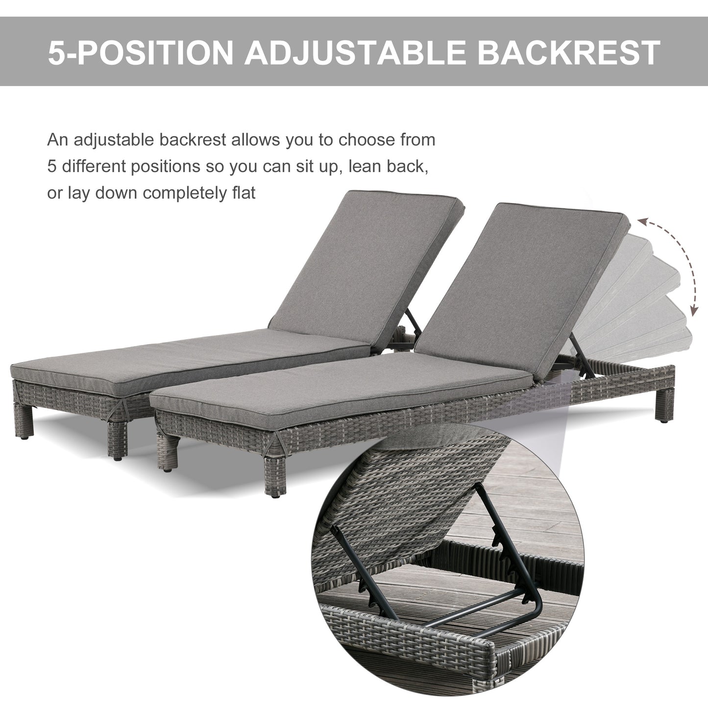 Outsunny 2 Seater Rattan Sun Lounger Set w/ Adjustable Steel Frame-Grey