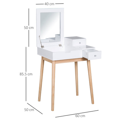 HOMCOM Dressing Table with Flip-up Mirror, Makeup Desk with 2 Drawers, Vanity Table Writing Desk for Bedroom Living Room, White