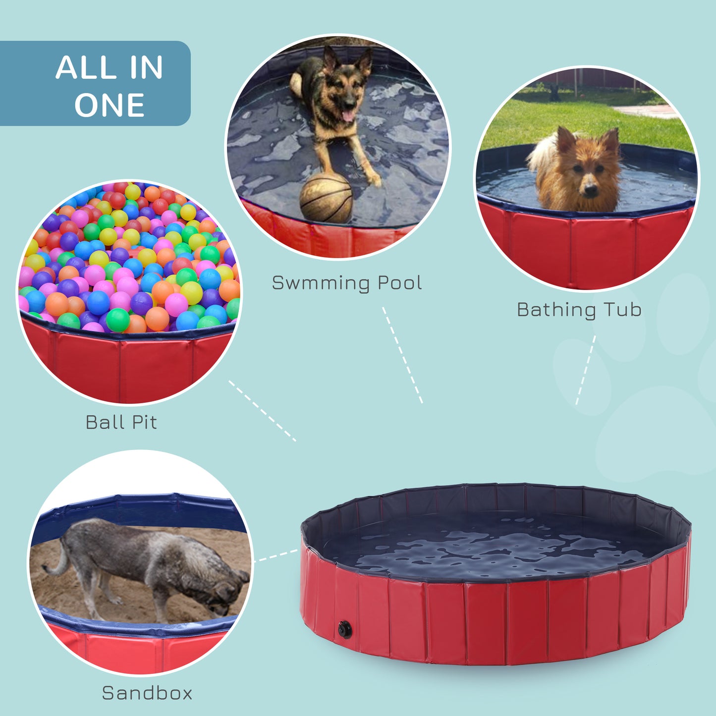 PawHut Foldable Dog Paddling Pool Pet Cat Swimming Pool Indoor/Outdoor Collapsible Summer Bathing Tub Shower Tub Puppy Washer (√é¬¶160 √É‚Äî 30H cm, Red)