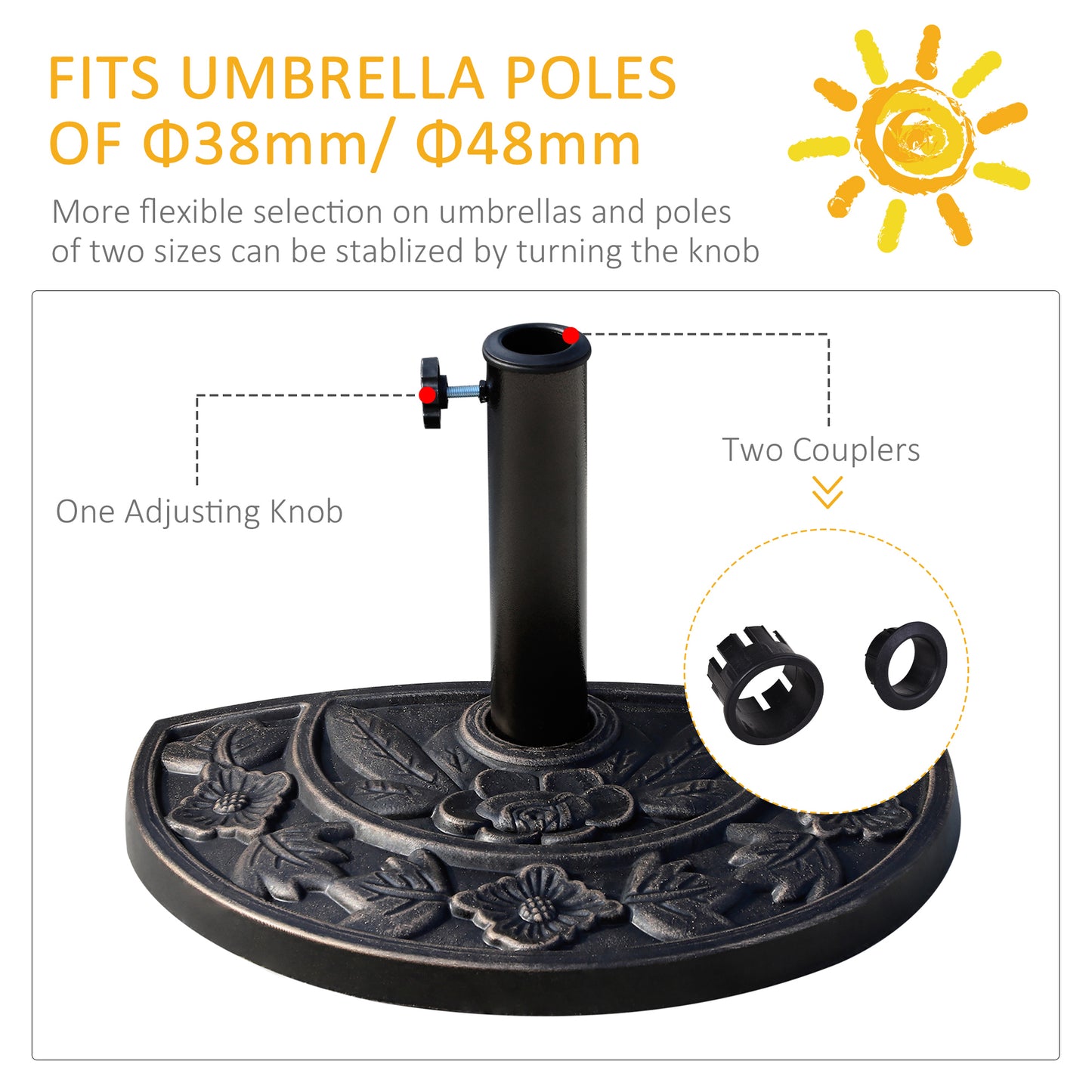 Outsunny 9kg Resin Half Round Parasol Base Umbrella Stand Garden Outdoor Accessories - Adjustable Coupler Suitable Umbrella Rod: √é¬¶3.8cm, √é¬¶4.8cm