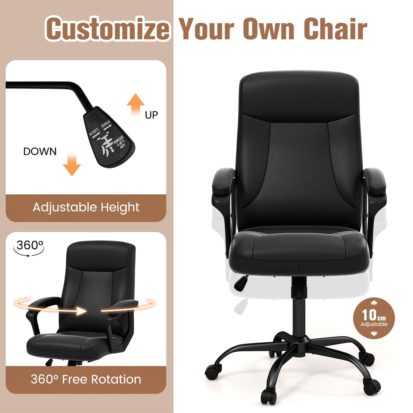 360° Swivel Task Chair with Ergonomic High Back and Built-in Armrests