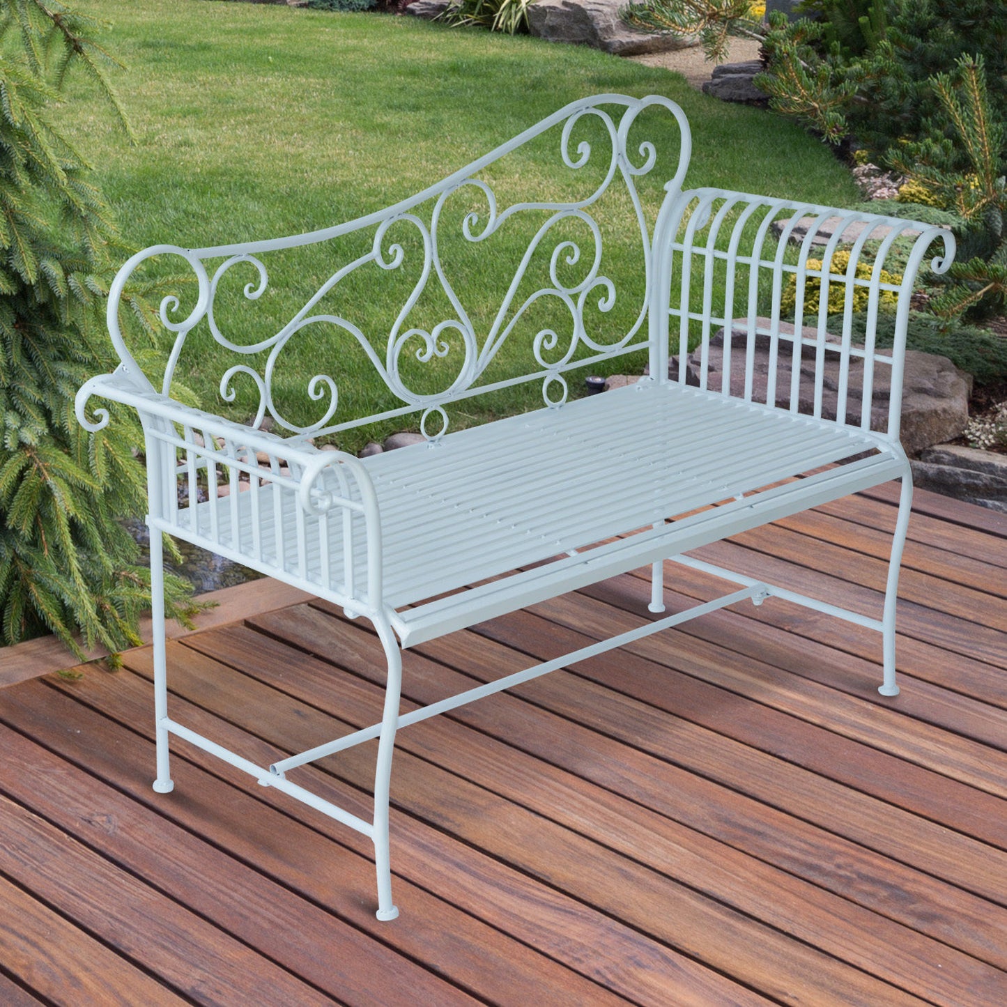 Outsunny Garden 2 Seater Metal Bench Outdoor Seating Furniture Chair w/Decorative Backrest White