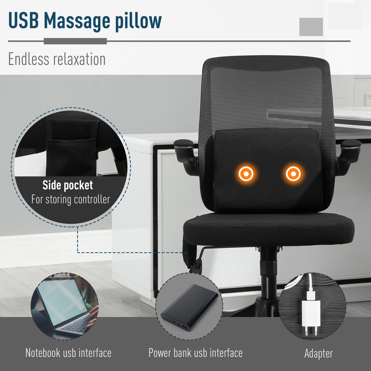 Vinsetto Office Chair 2-Point Massage Executive Ergonomic USB Power Mesh Design 360√Ç¬∞ Swivel with Lumbar Support, Black