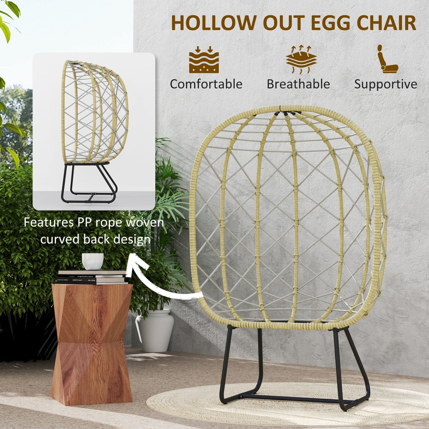 Outsunny Rattan Egg Chair Outdoor Indoor Wicker Chair with Thickened Cushion and Headrest, Standing Garden Egg Chair with Cup Holder, Metal Frame for Patio, Balcony, Grey