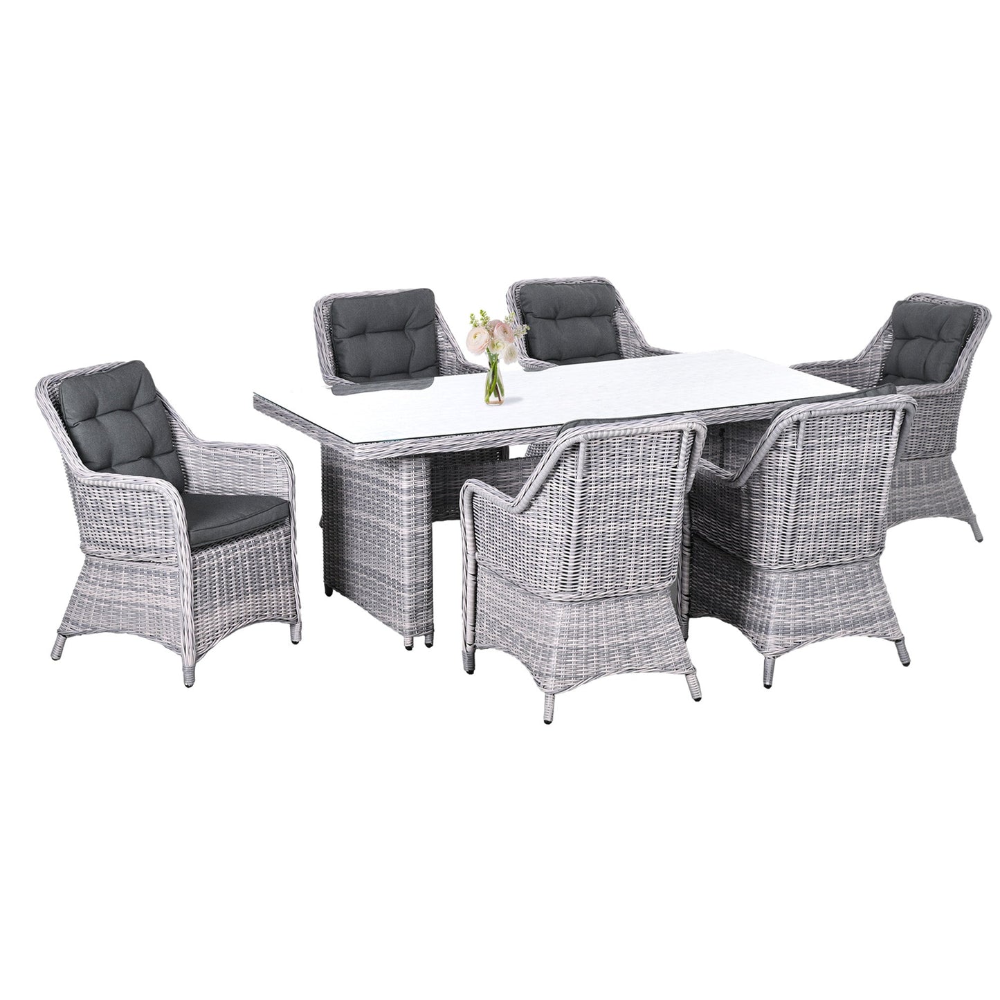 Outsunny 6 Seater Rattan Dining Set, Round PE Rattan Garden Furniture Set with Seat and Back Cushions, Aluminium Outdoor Dining Table and Chairs with 6 Armchairs, Rectangular Glass Top Table, Grey