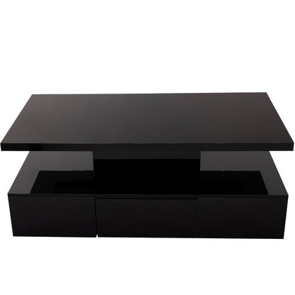 High-Gloss Coffee Table with Drawer, Two Storage Levels and LED Light, 100x50x39 cm, Black