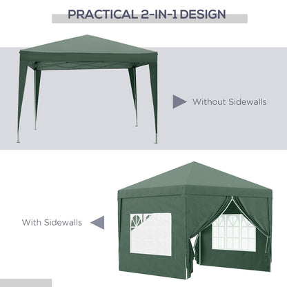 Outsunny 3 x 3 m Garden Pop Up Gazebo, Wedding Party Tent Marquee, Water Resistant Awning Canopy with Sidewalls, Windows, Carry Bag, Green