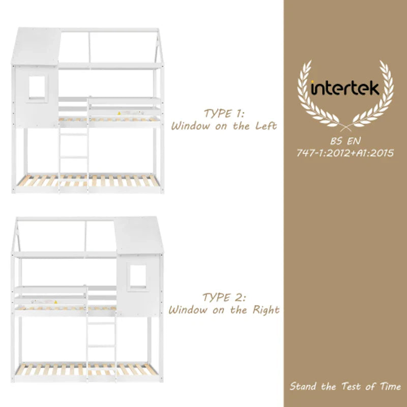 Children's Bunk Bed with Convertible Ladder and Window, Solid Pine Wood Twin Sleeper, Safety Certified, for Kids, Teens, 198x94x221 cm, White