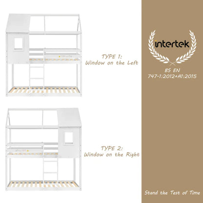 Children's Bunk Bed with Convertible Ladder and Window, Solid Pine Wood Twin Sleeper, Safety Certified, for Kids, Teens, 198x94x221 cm, White