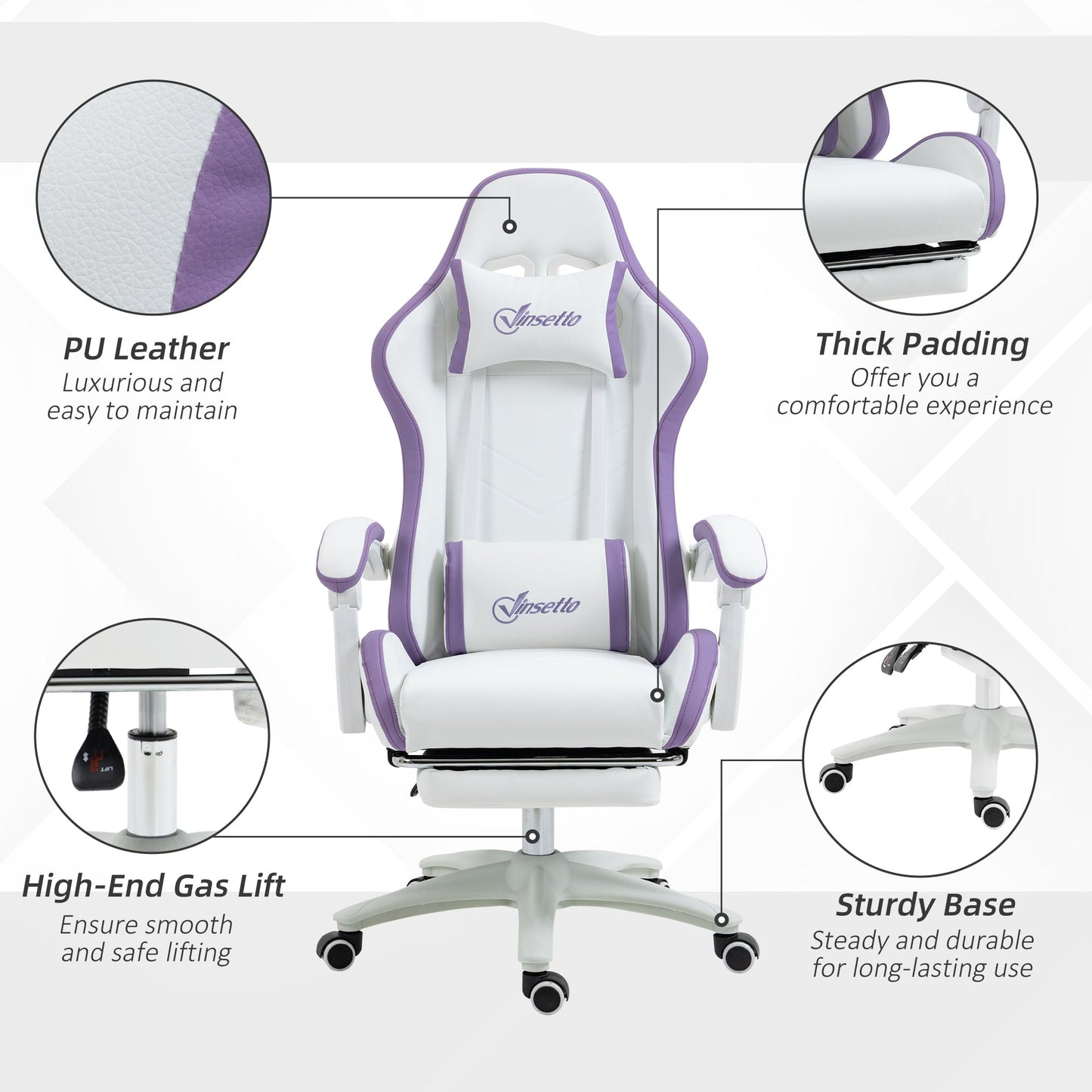 Vinsetto Computer Gaming Chair, PU Leather Desk Chair with Footrest, Swivel Task Chair with 135√Ç¬∞ Reclining Back and Lumbar Support, PC Chair for Adults, White and Purple