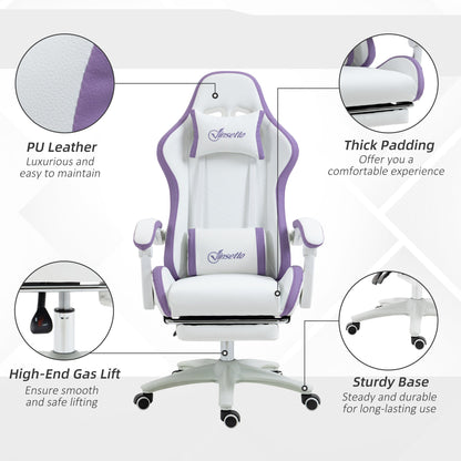 Vinsetto Computer Gaming Chair, PU Leather Desk Chair with Footrest, Swivel Task Chair with 135√Ç¬∞ Reclining Back and Lumbar Support, PC Chair for Adults, White and Purple