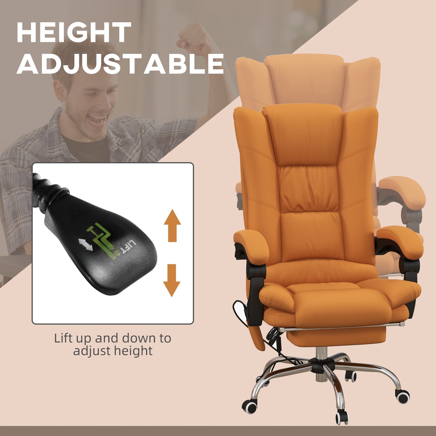 Vinsetto High Back Vibration Massage Office Chair, Heated Reclining PU Leather Computer Chair with 135√Ç¬∞ Reclining Back and Footrest, Light Brown