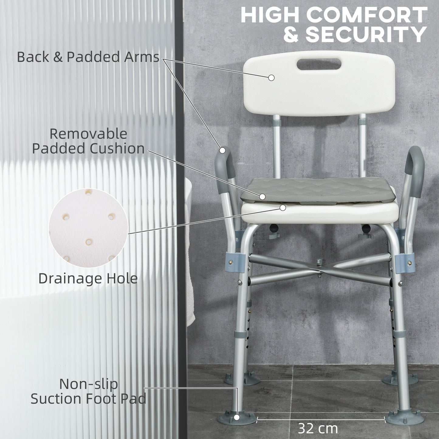 HOMCOM Aluminium Shower Chair with Backs and Arms, Height Adjustable Shower Seat with Removable Padded Cushion, Bath Stool for Seniors, Disabled, Pregnant, White