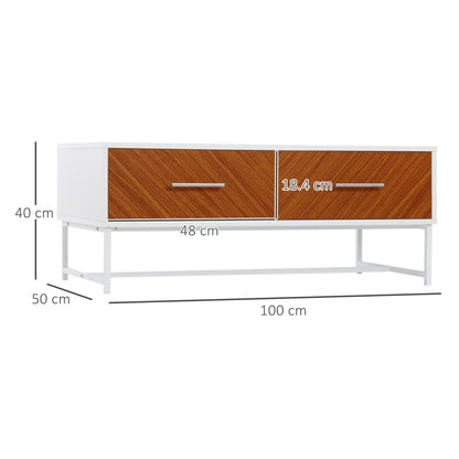 HOMCOM Modern Coffee Table for Living Room, Rectangular Cocktail Table with 2 Drawers, Large Bottom Space and Metal Legs, Brown