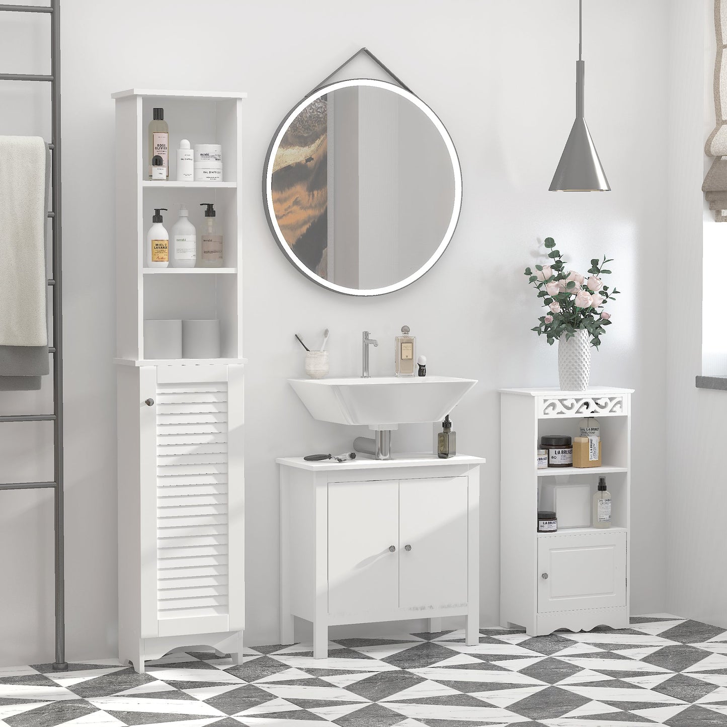 HOMCOM Tall Bathroom Cabinet Storage Cupboard Floor Standing Home Bathroom Furniture w/ 6 Shelves 165H x 34W x 20D cm White