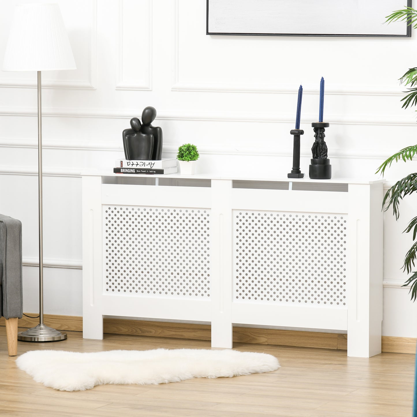 HOMCOM Wooden Radiator Cover Heating Cabinet Modern Home Furniture Grill Style White Painted (Large)