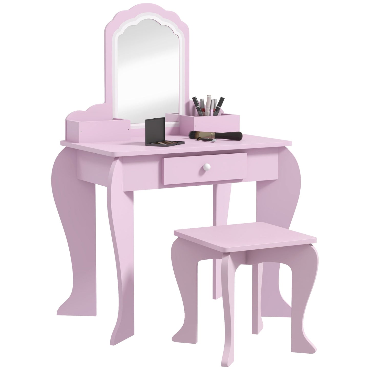 ZONEKIZ Kids Vanity Table with Mirror, Stool, Drawer, Storage Boxes, Cloud Design, for Ages 3-6 Years - Pink