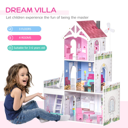 HOMCOM Kids Wooden Dolls house with Furniture Accessories 3 Storey Dollhouse for Toddler Girls 3-6 Years Pink