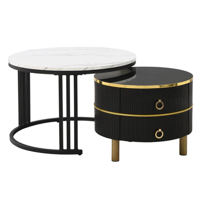 2-in-1 Round Marble Coffee Table Set with Glossy Tops, 2 Drawers, 70x70x46 + 50x50x40 cm, White+Black